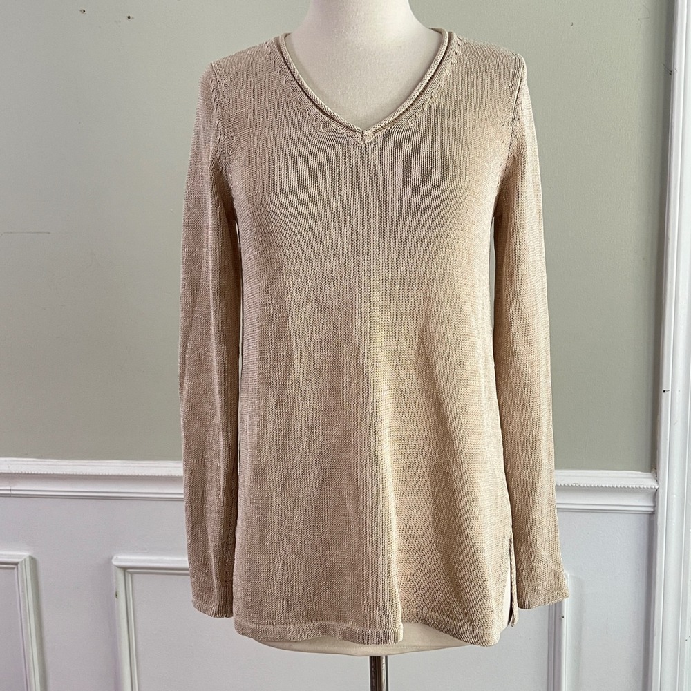 J.McLaughlin Sweater S Womens V-Neck Long Sleeve Mesh Knit Beige Coastal Luxury